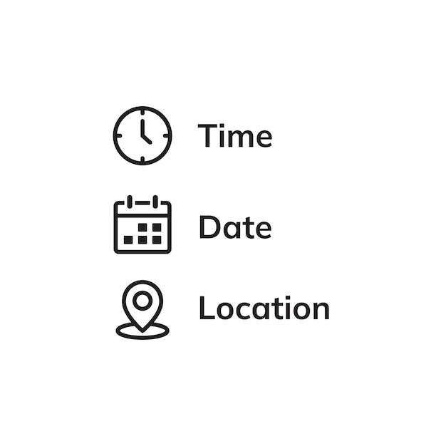 날짜, 시간, 위치 아이콘은 평평한 스타일로 이벤트 메시지 터 일러스트레이션이 고립된 배경에 있습니다.