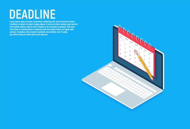 日付と期限のアイソメバナー。カレンダー付きラップトップコンピューター。背景のベクトル図。