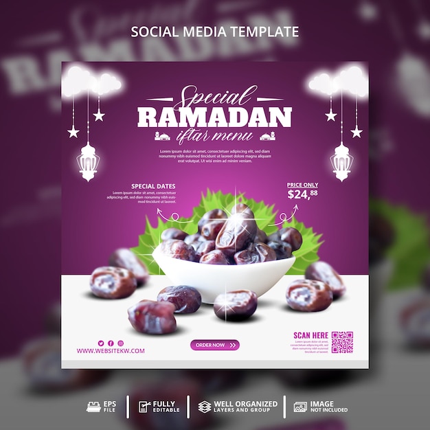 날짜 과일 Iftar 메뉴 소셜 미디어 게시물 배너 템플릿 프로모션