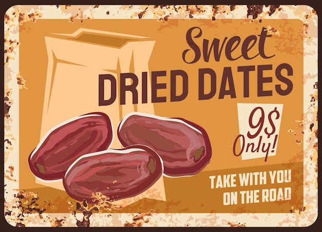 Dates rusty metal plate vector dried fruits card