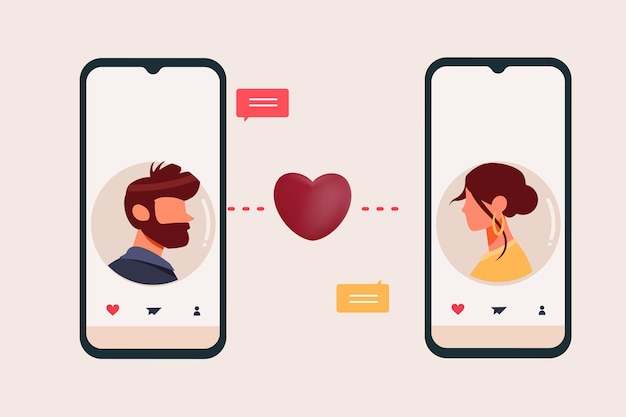 Dating-app Flat Design Concept Man en Vrouw Verzenden Bericht met Smartphone in Dating App Vector