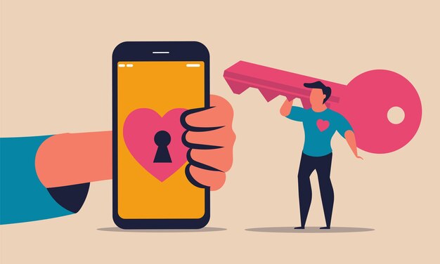 Dating app and man with smartphone and key. Social media romance and love share vector illustration drawing concept. Connection with phone device and flirt online. Network find person and search