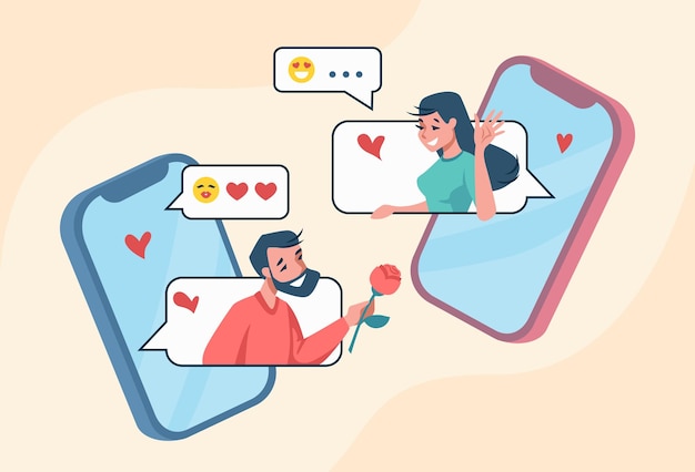 Приложение для знакомств Онлайн-чат и приложение для знакомств Романтическая беседа и флирт Мультяшная пара пишет сообщения с помощью смартфонов Векторное общение подруги и парня