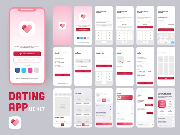 Dating app ui kit for responsive mobile app or website with different gui layout including creative account or profile, details, picture type screens.