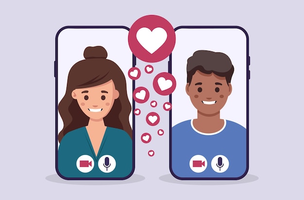 Dating-app vind je partner online online liefde op smartphones tussen een zwarte man en een vrouw
