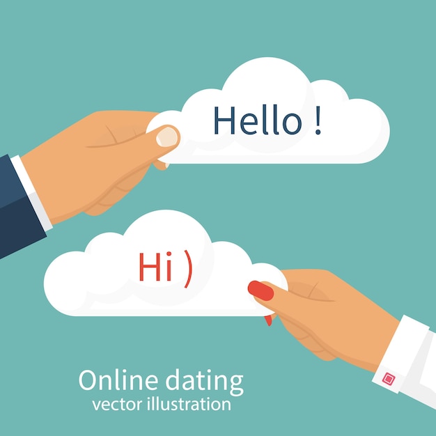 Dating chat. Chatting in Internet. Man and woman holding hands in the clouds, text template. Abstract background. Vector illustration flat design.