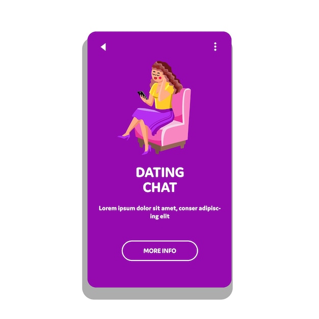 Dating Chat Phone Application Using Girl Vector. Happy Young Woman Sitting On Armchair And Use Dating Chat For Romantic Meeting. Character With Smartphone Gadget Web Flat Cartoon Illustration