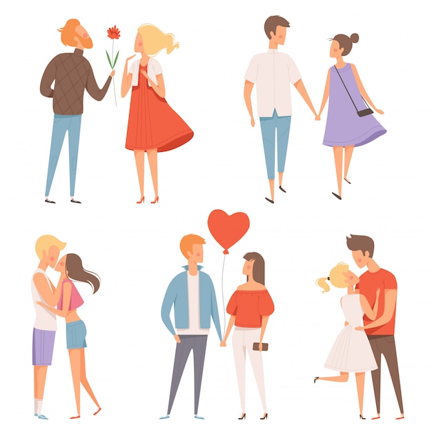 Vector dating couples, st valentine day 14 february happiness hugging romantic lovers characters date concept