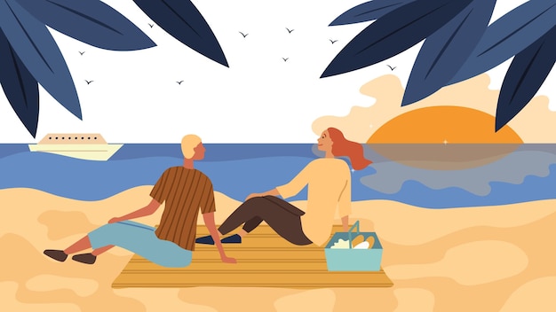 Vector dating en huwelijksreis concept. verliefde paar picknicken aan de kust. mensen communiceren, brengen tijd samen door en genieten van de zonsondergang op het strand aan zee.