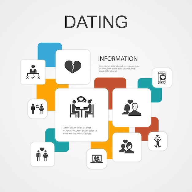 Dating infographic 10 lijn iconen sjabloon. verliefd stel, verliefd worden, dating-app, relaties eenvoudige pictogrammen