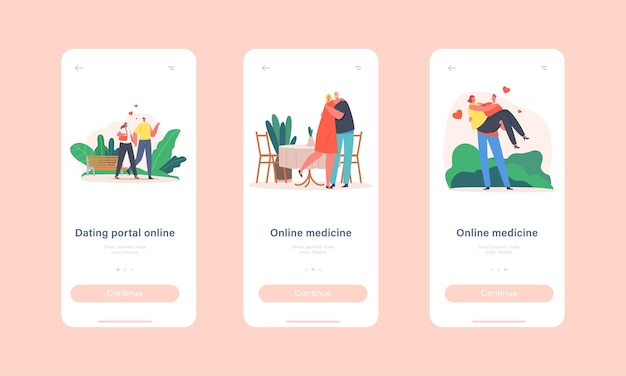 Datingportaal online mobiele app-pagina onboard-schermsjabloon. man en vrouw lopen, liefdevolle relaties, saamhorigheid