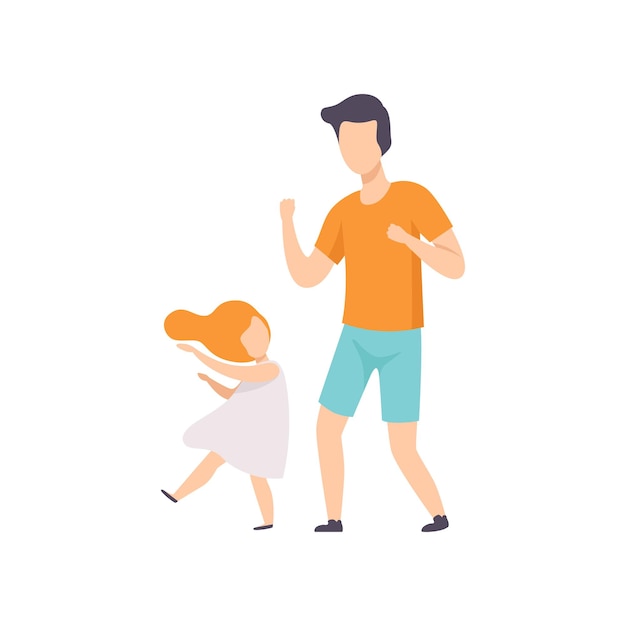 Daughter and dad dancing little girl having fun with her father vector Illustration isolated on a white background