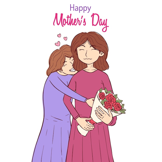 Daughter gives her mother a bouquet of flowers Mother's day card background