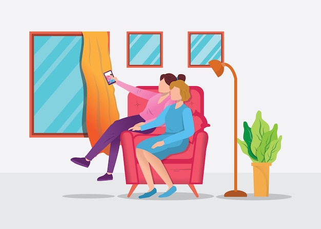 Daughter and mother taking photo together at home flat cartoon illustration style selfie icon