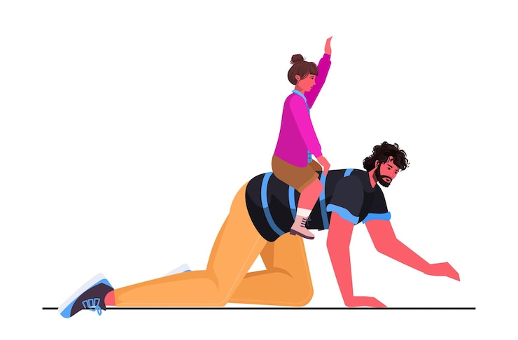 Vector daughter riding on father's back parenting fatherhood concept little girl sitting pickaback horizontal
