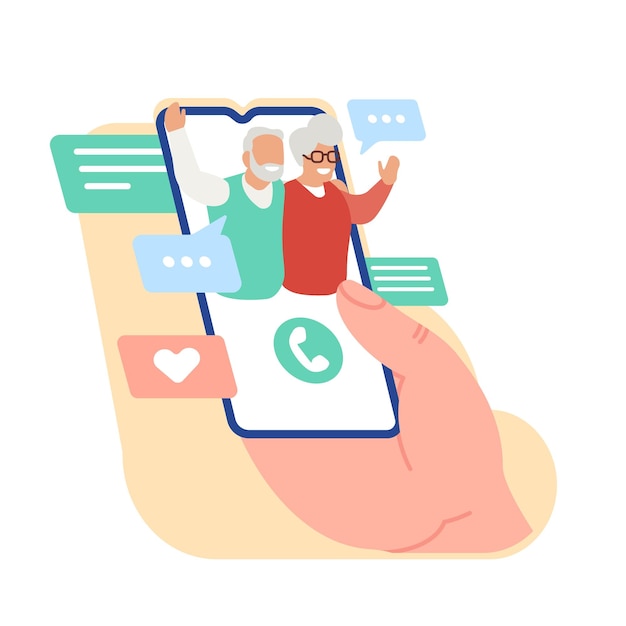 Daughter or son calling parents on smartphone Mobile videocall Device in hand Elderly couple phone communication Retired people talk by cellular gadget Online chat Vector concept