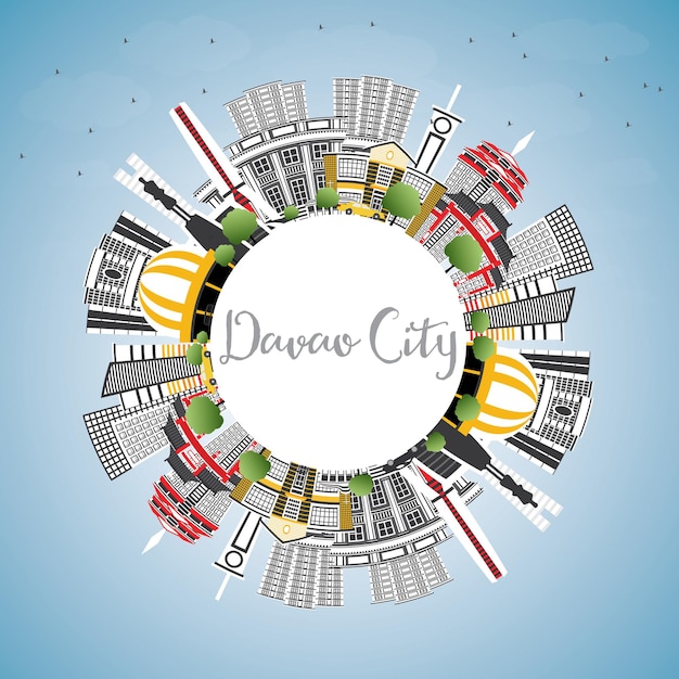 Davao City Philippines Skyline with Gray Buildings, Blue Sky and Copy Space. Vector Illustration. Business Travel and Tourism Illustration with Modern Architecture.