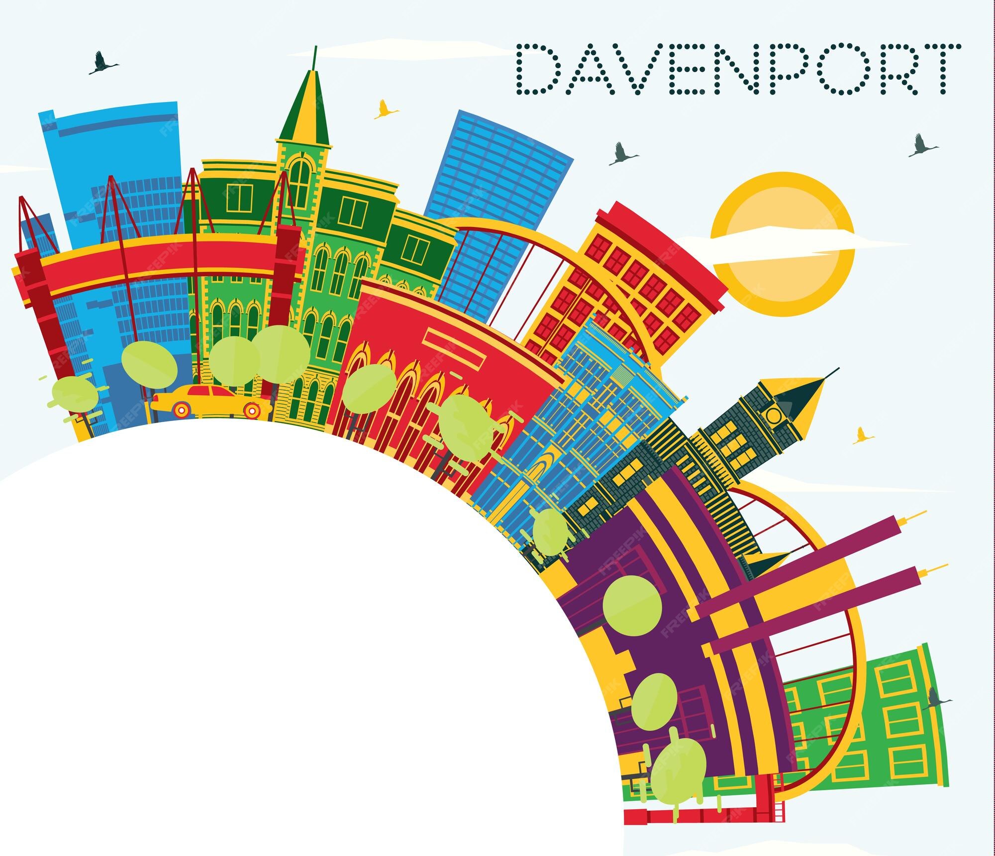 Premium Vector | Davenport iowa skyline with color buildings blue sky