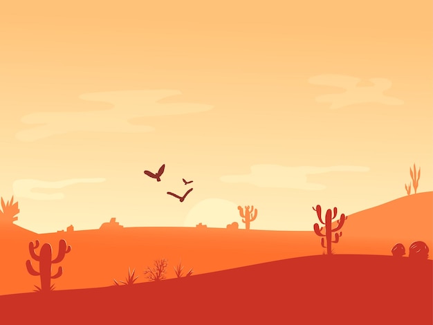 Vettore dawn in the desert wild west sunrise modello di cartolina cartone animato illustrazione vettoriale posto per il testo