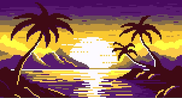 Vector dawn on pixel island with palm trees background