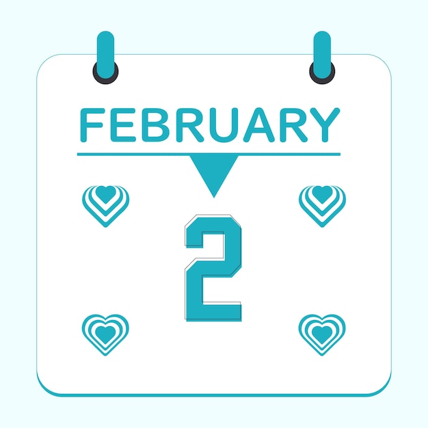 Vettore il giorno 2 del mese di febbraio disegno del calendario con l'icona del cuore simbolo d'amore