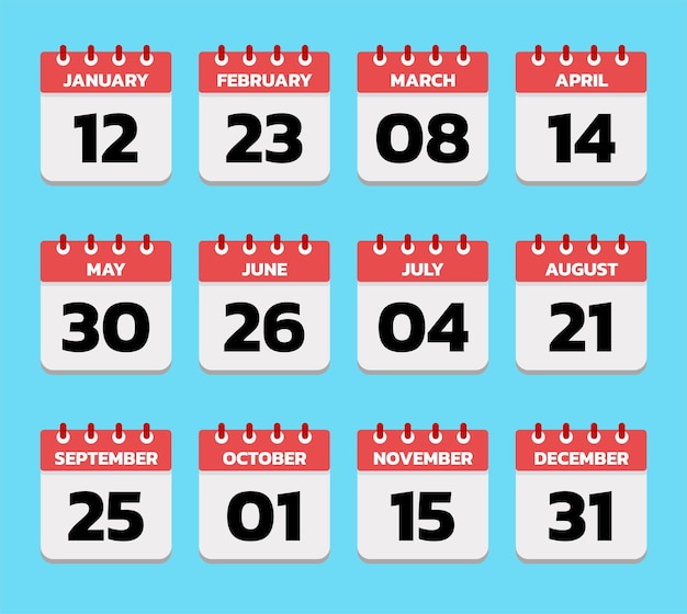 Calendario giornaliero con data di ogni mese. illustrazione isolata del vettore piatto del calendario da tavolo