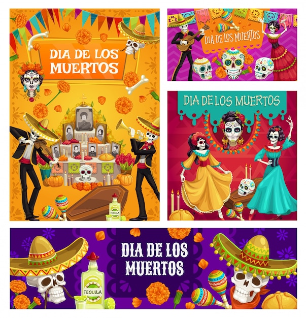 Day of dead altar, sugar skulls, dancing skeletons