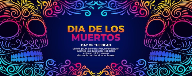 Day of the dead banner with colorful Sugar skull and Mexican flowers border