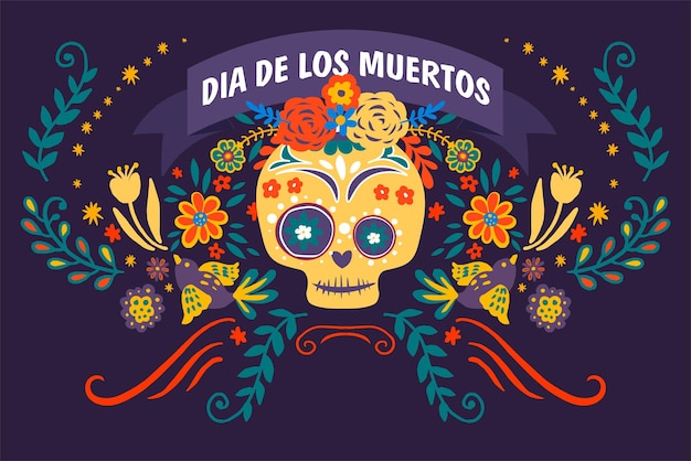 Day of the dead banner with decorative flora and foliage