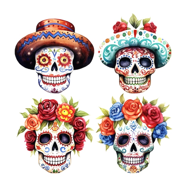 死者の日白い背景に花の水彩イラストとカラフルなメキシコの頭蓋骨