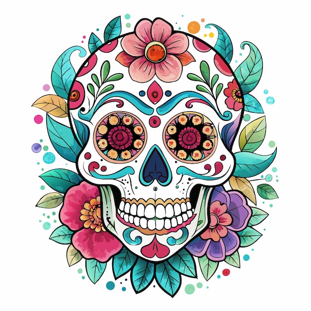 Day of the dead colorful skull with flowers and leaves surrounding it