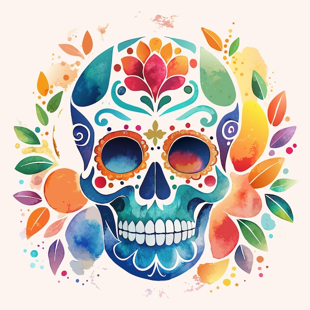 Day of the dead colorful skull with flowers and leaves surrounding it