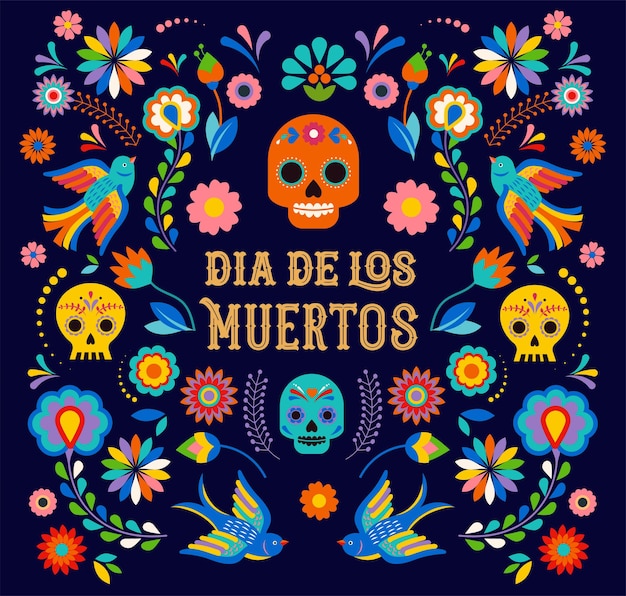 Vector day of the dead dia de los moertos banner with colorful mexican flowers fiesta holiday poster party