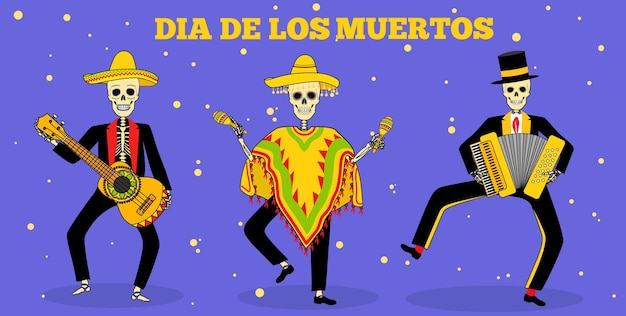 Day of the dead, Dia de los moertos, banner with colorful Mexican flowers. Vector skeleton