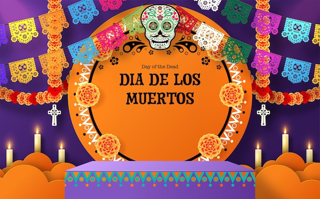 Day of the dead Dia de los muertos 3d podium round square stage with paper cut