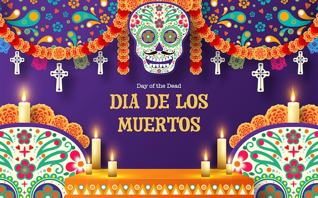 Day of the dead Dia de los muertos 3d podium round square stage with paper cut