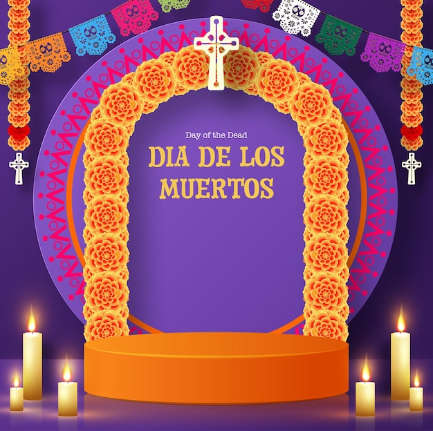 Vector day of the dead dia de los muertos 3d podium round square stage with paper cut