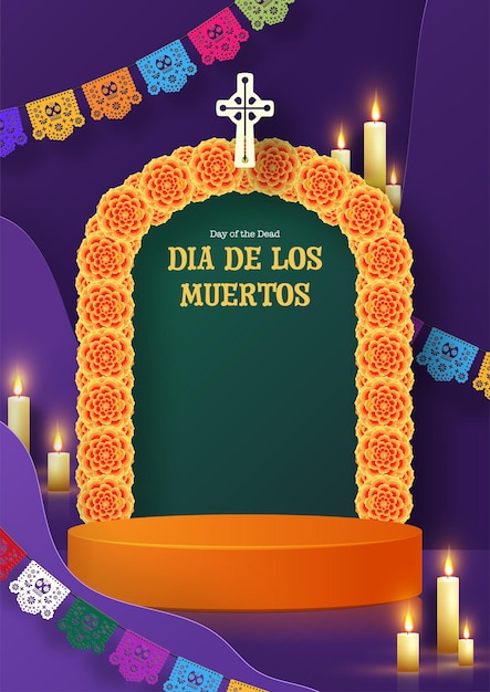 Day of the dead dia de los muertos 3d podium round square stage with paper cut