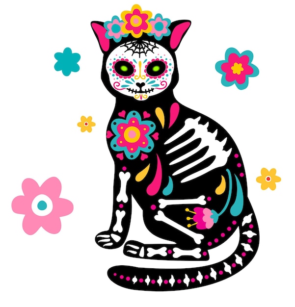 Vector day of the dead dia de los muertos animal skull and skeleton decorated with color mexican elements