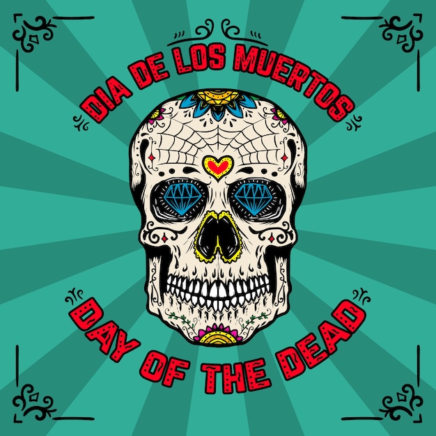 Day of the dead. dia de los muertos. banner template with mexican sugar skull on background with floral pattern.  element for poster, card, flyer, t shirt.  illustration