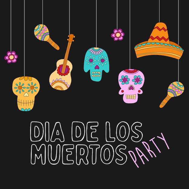 Day of the dead, Dia de los muertos, banner with colorful Mexican elements