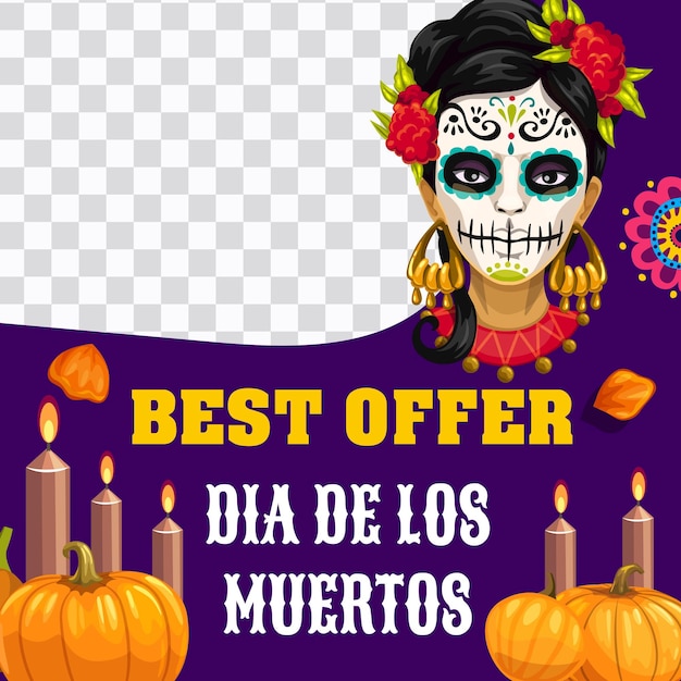 Vettore giorno dei morti dia de los muertos catrina calavera vacanza messicana offerta banner modello vettoriale candele dell'altare dei cartoni animati zucche e fiori di halloween offerta speciale layout dei post sui social media