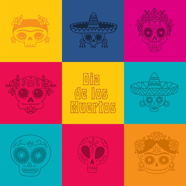 Vector day of the dead dia de los muertos greeting card or banner with colorful cells with mexican sugar sk