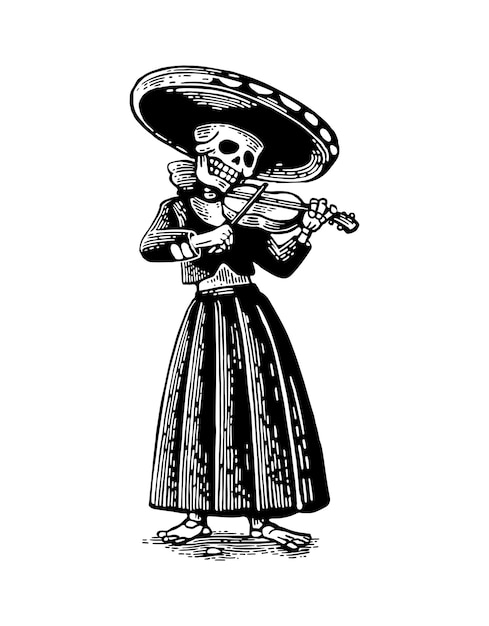 Day of the dead dia de los muertos the skeleton in the mexican woman national costumes sing and play the violin vector hand drawn vintage engraving for poster label isolated on white background