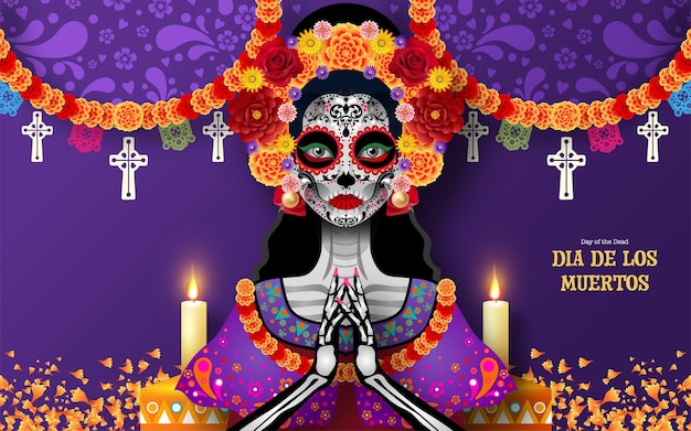 죽은 자의 날 금잔화 꽃과 함께 Dia de los muertos 설탕 해골