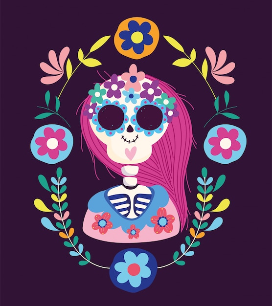 Day of the dead, female skeleton flowers folklore traditional mexican celebration