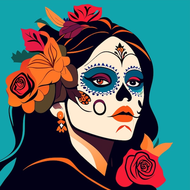 Day of the dead girl sugar skull hand drawn cartoon sticker icon concept isolated illustration