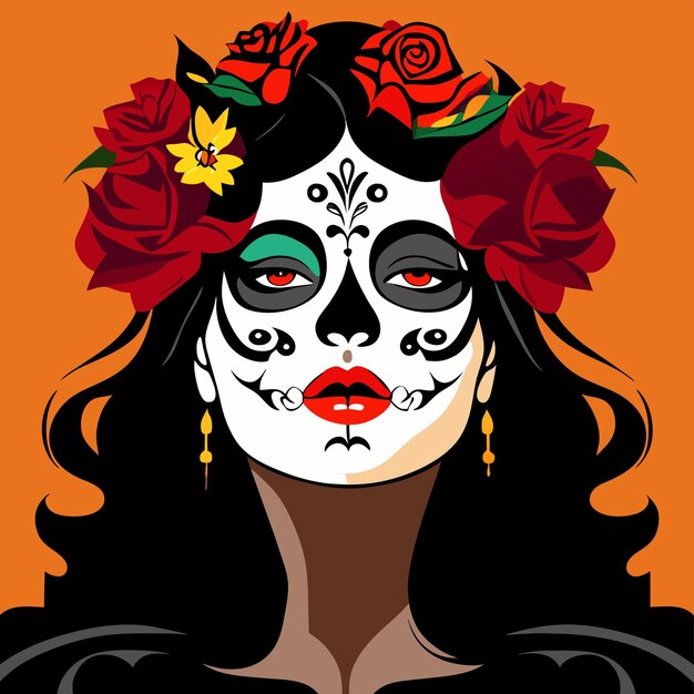 Vector day of the dead girl sugar skull hand drawn cartoon sticker icon concept isolated illustration