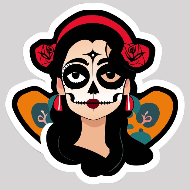 Vettore giorno dei morti halloween dia de los muertos teschio di zucchero disegnato a mano adesivo di cartone animato piatto e elegante