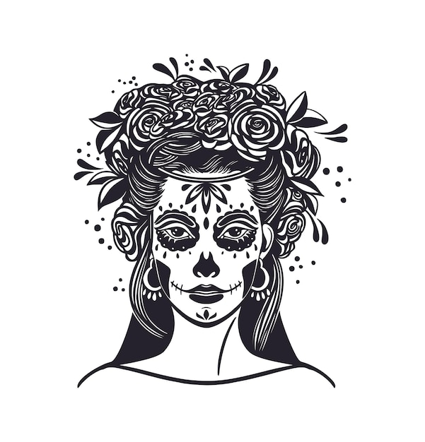 죽은 자의 날은 멕시코 휴일입니다. Dia de los muertos 장미 꽃과 메이크업 설탕 두개골을 가진 여자